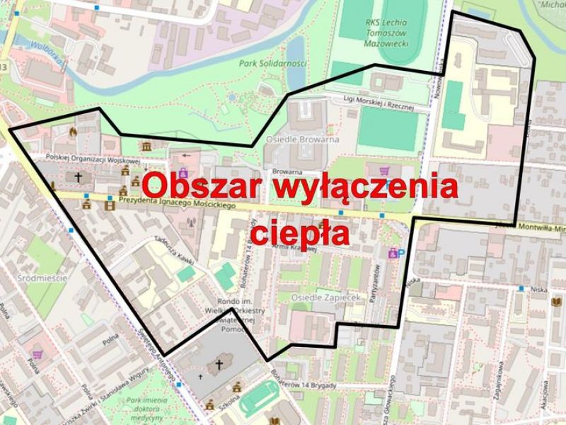 Na zdjęciu mapa Tomaszowa Mazowieckiego z oznaczeniem obszaru wyłączenia ciepła